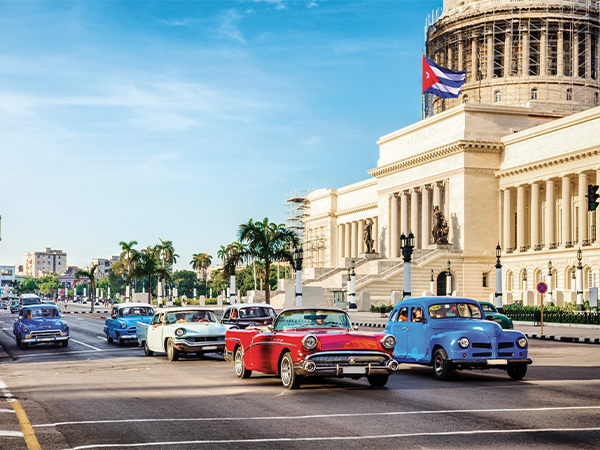 A cluster of 1940-50s era cars drive down a road in Cuba.